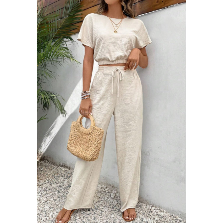 Round Neck Short Sleeve Top and Pants Set Apparel and Accessories