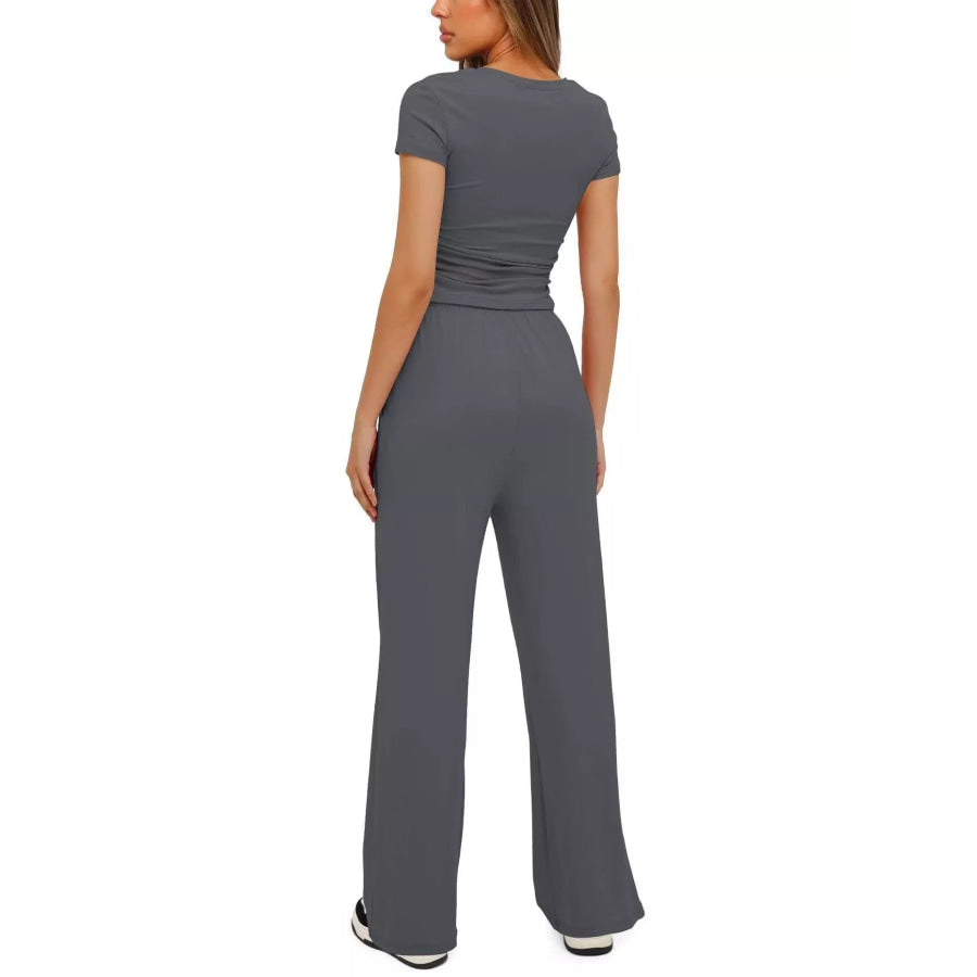Round Neck Short Sleeve Top and Pants Set Apparel and Accessories