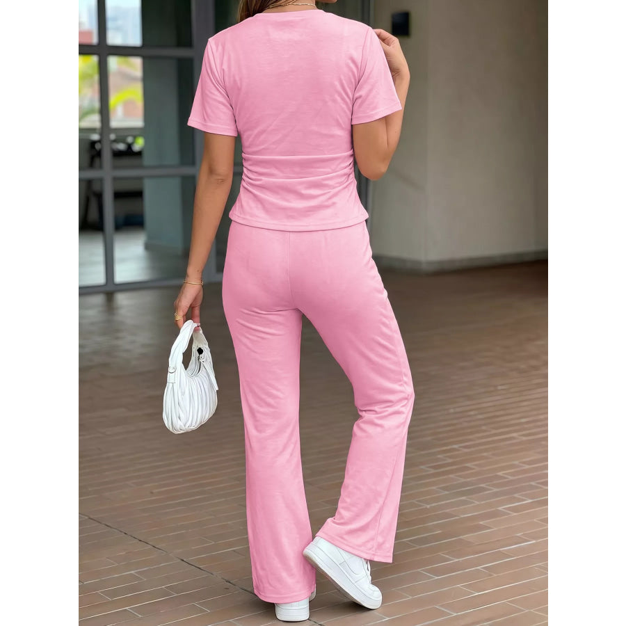 Round Neck Short Sleeve Top and Pants Set Apparel and Accessories