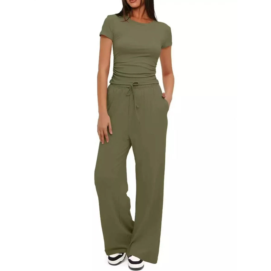Round Neck Short Sleeve Top and Pants Set Army Green / S Apparel and Accessories