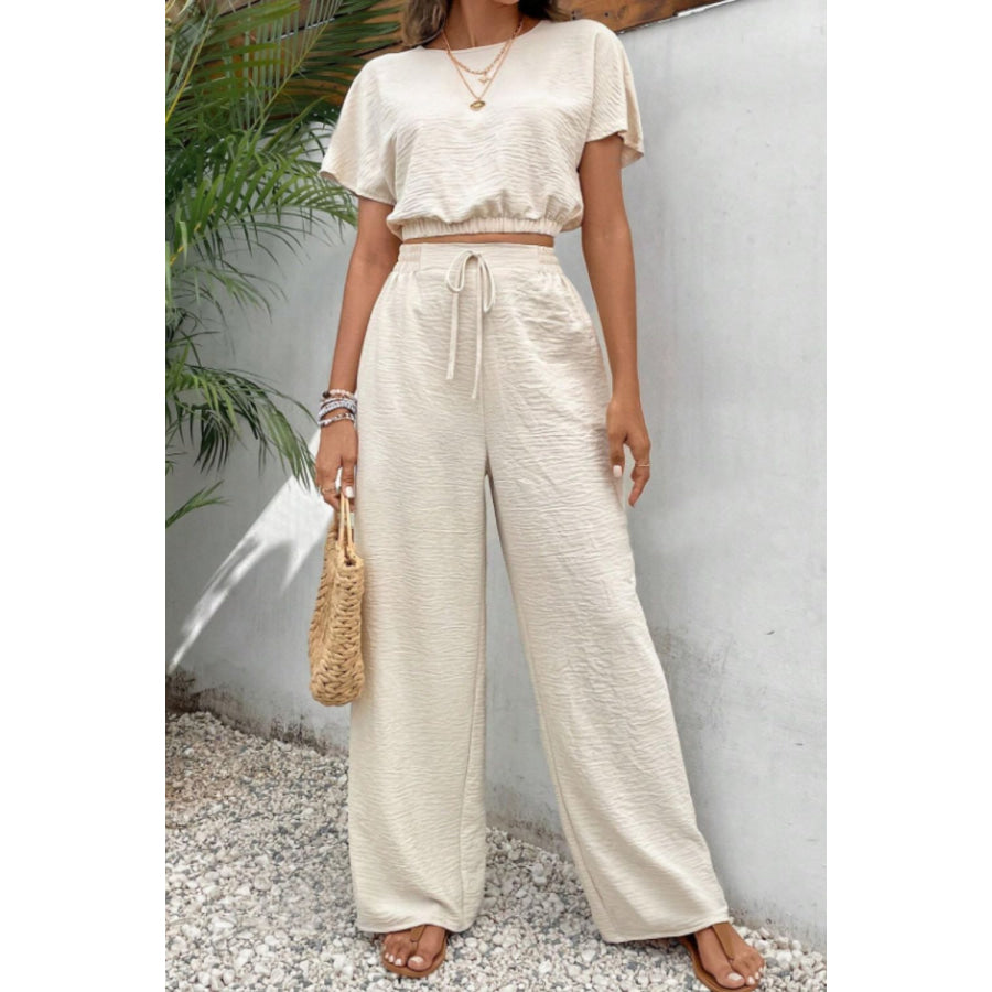 Round Neck Short Sleeve Top and Pants Set Beige / S Apparel and Accessories