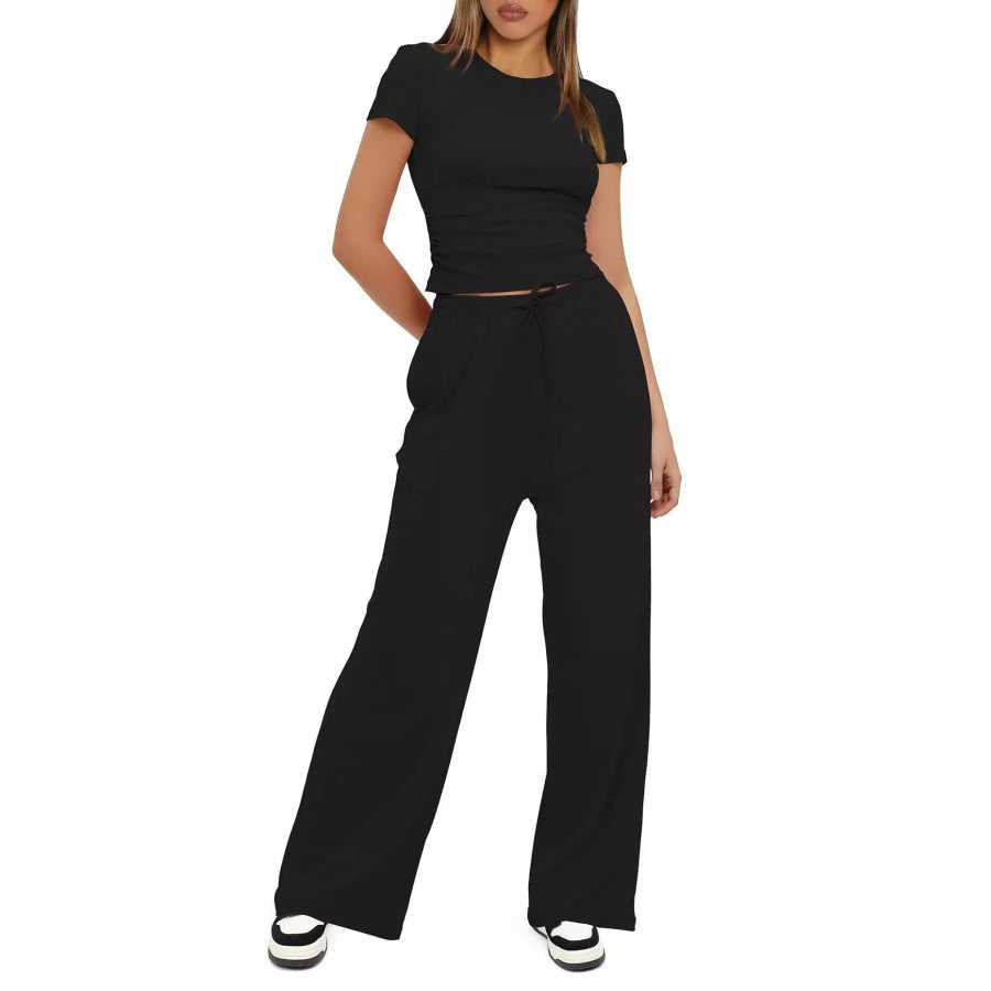 Round Neck Short Sleeve Top and Pants Set Black / S Apparel and Accessories