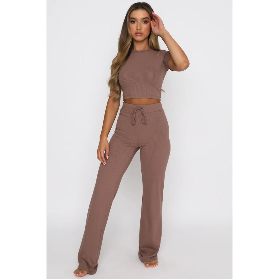 Round Neck Short Sleeve Top and Pants Set Chestnut / S