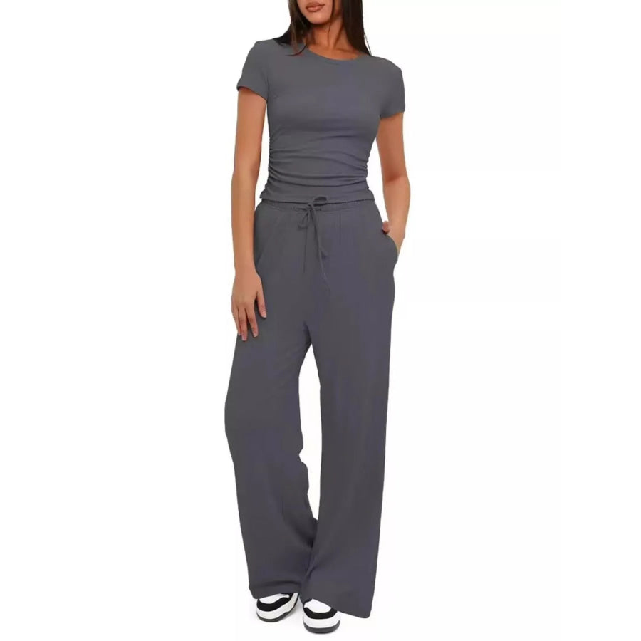 Round Neck Short Sleeve Top and Pants Set Dark Gray / S Apparel and Accessories