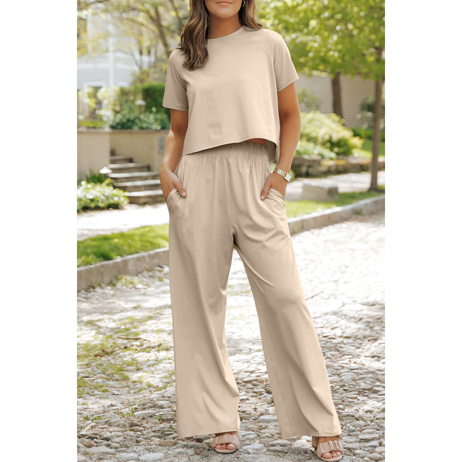 Round Neck Short Sleeve Top and Pants Set Eggshell / S Apparel and Accessories