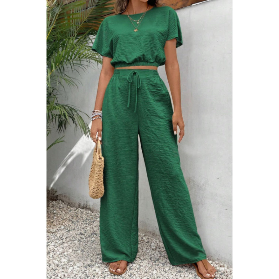 Round Neck Short Sleeve Top and Pants Set Green / S Apparel and Accessories