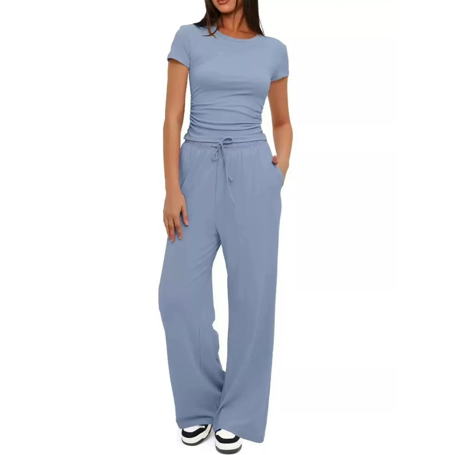 Round Neck Short Sleeve Top and Pants Set Light Blue / S Apparel and Accessories