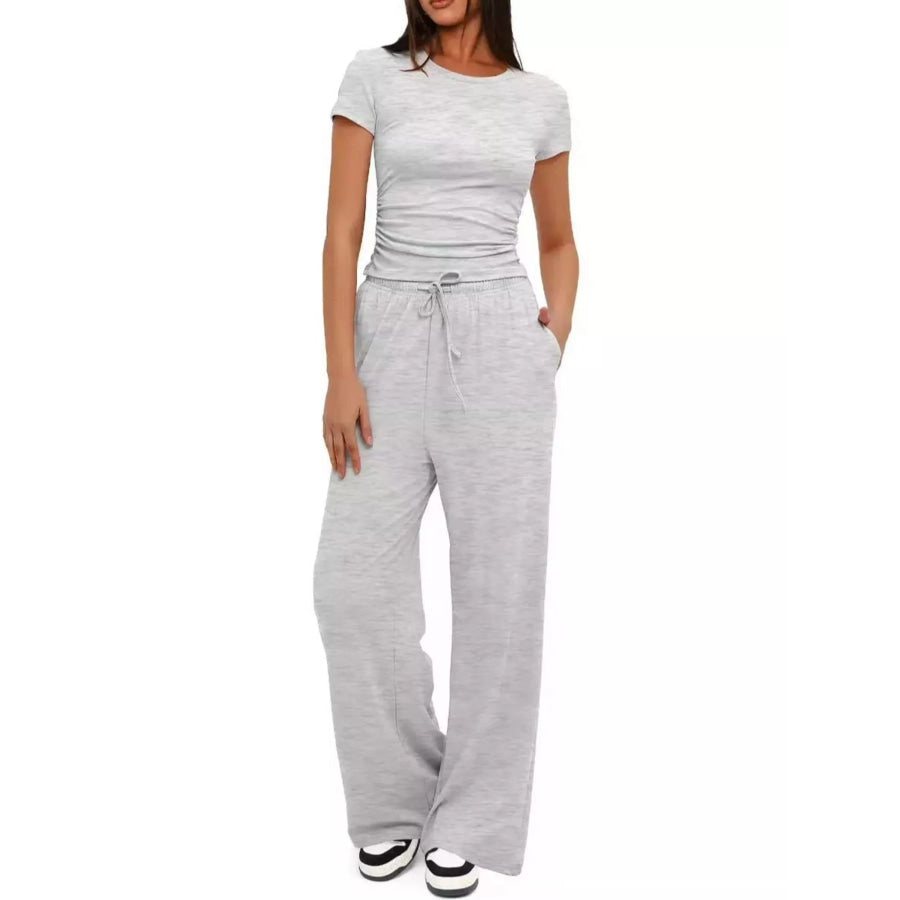 Round Neck Short Sleeve Top and Pants Set Light Gray / S Apparel and Accessories
