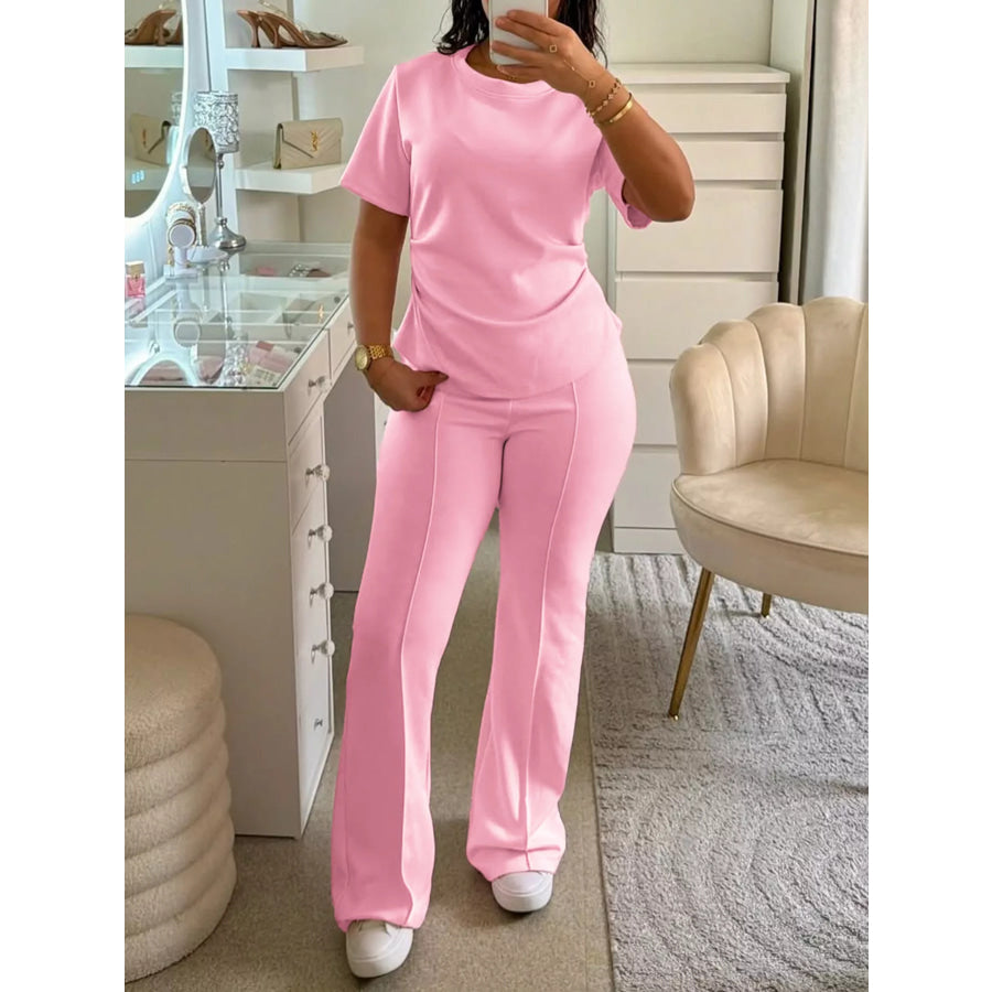 Round Neck Short Sleeve Top and Pants Set Pink Purple / S Apparel and Accessories