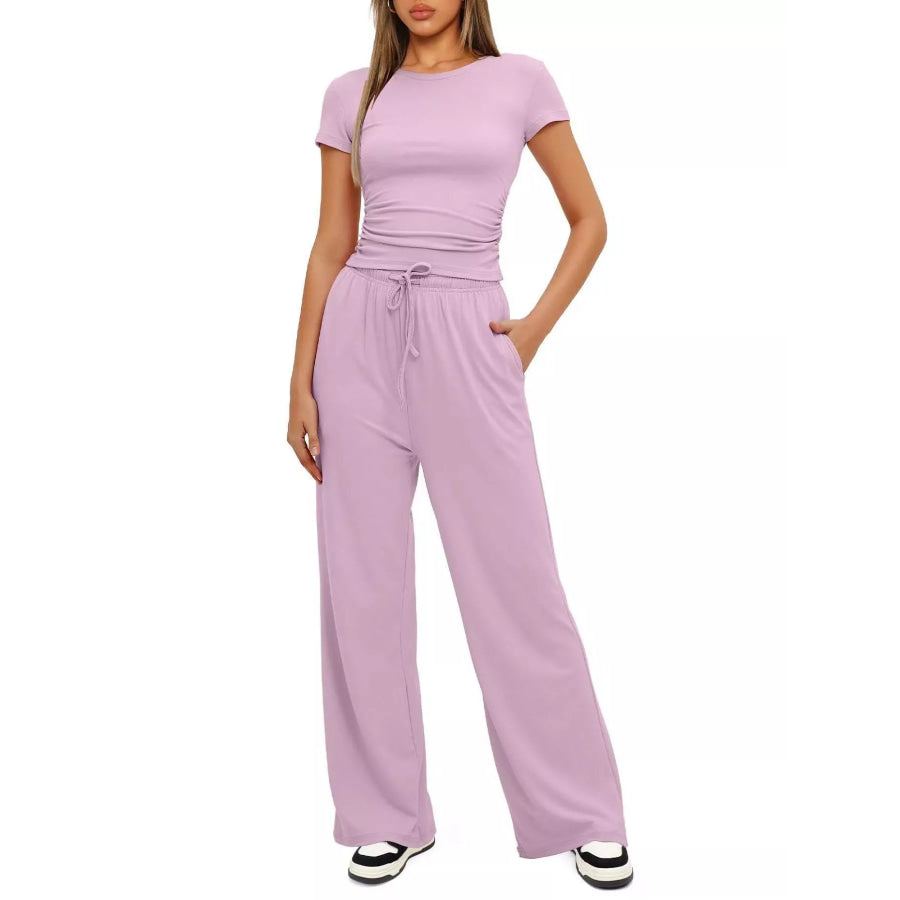 Round Neck Short Sleeve Top and Pants Set Pink / S Apparel and Accessories