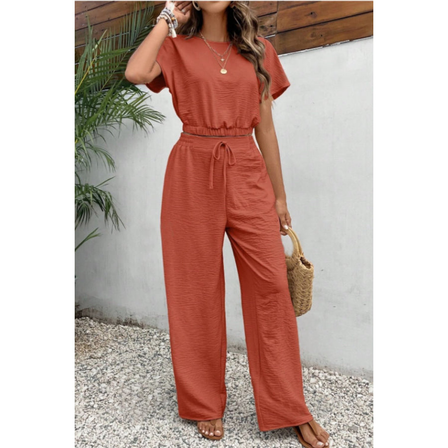 Round Neck Short Sleeve Top and Pants Set Rust / S Apparel and Accessories