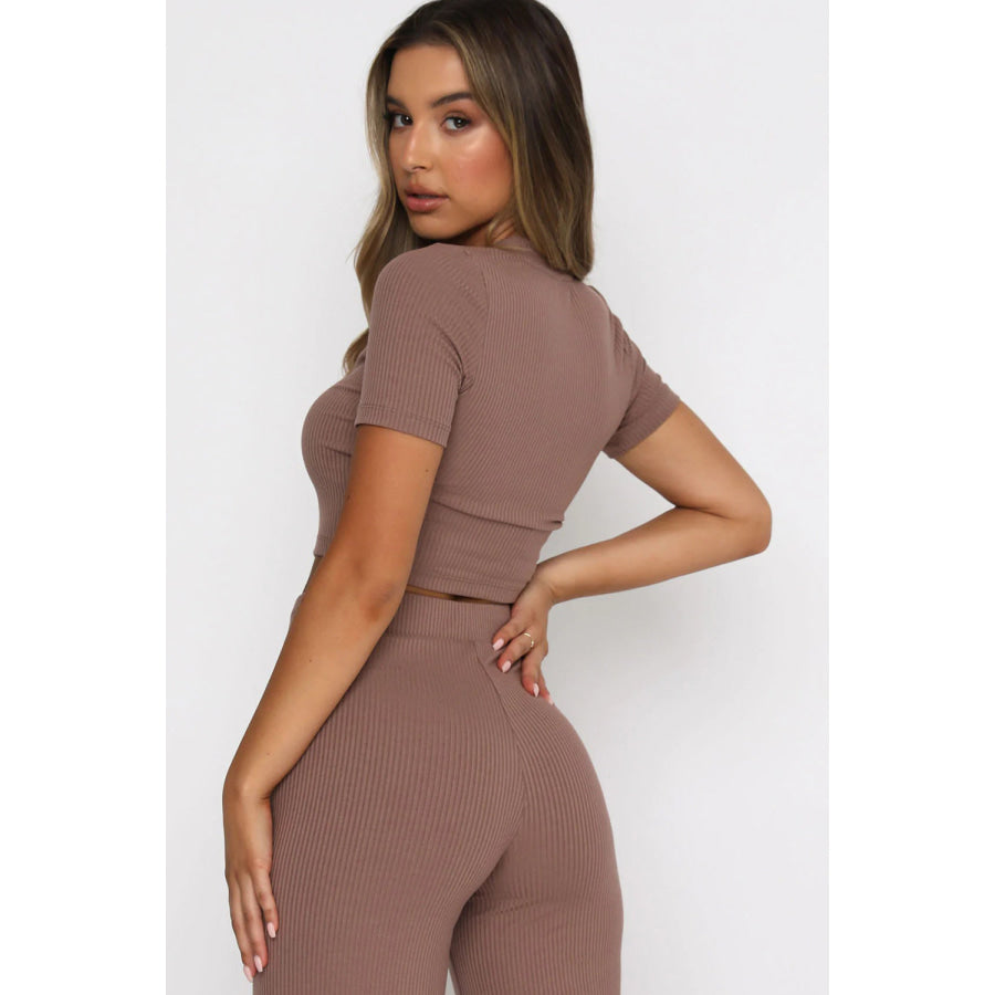 Round Neck Short Sleeve Top and Pants Set Chestnut / S