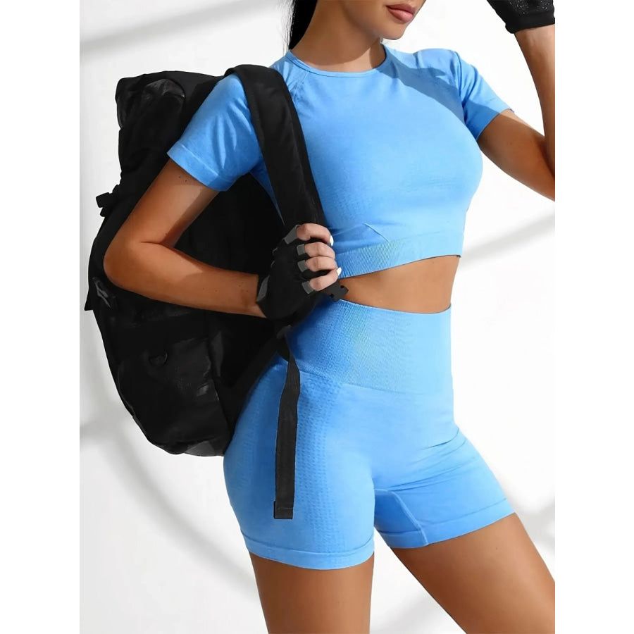 Round Neck Short Sleeve Top and Shorts Active Set Pastel Blue / XS Apparel and Accessories