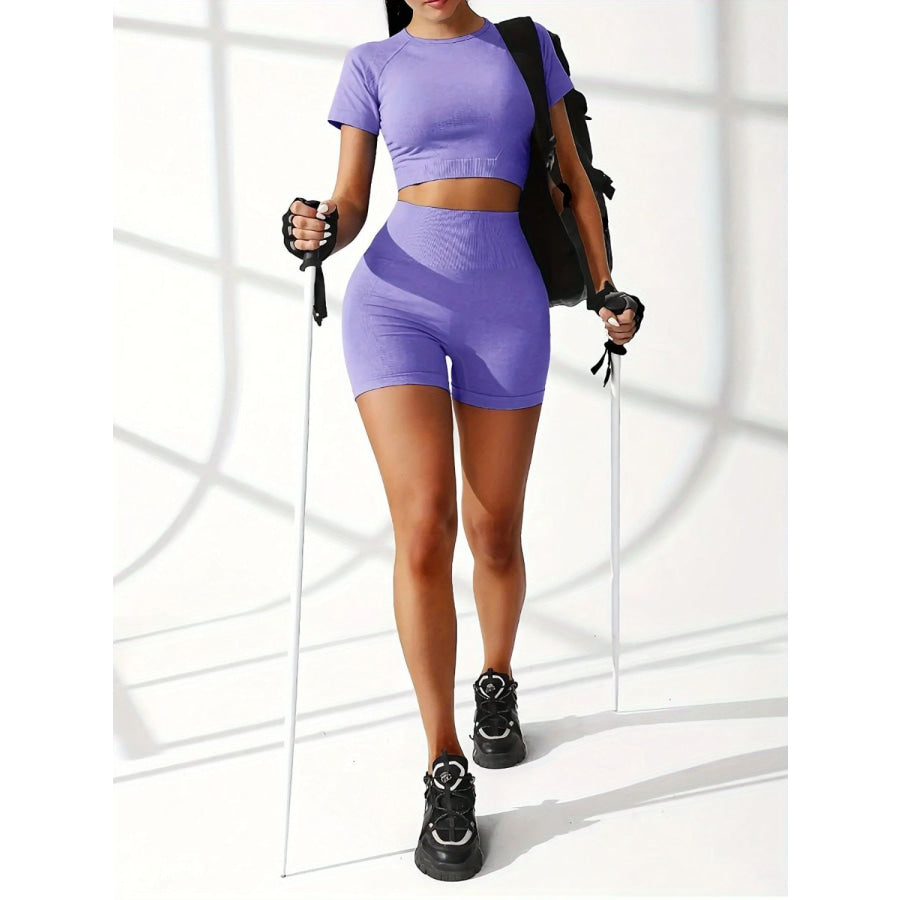 Round Neck Short Sleeve Top and Shorts Active Set Apparel and Accessories