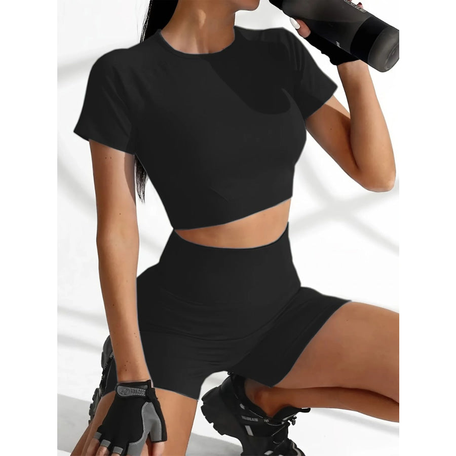 Round Neck Short Sleeve Top and Shorts Active Set Black / XS Apparel and Accessories