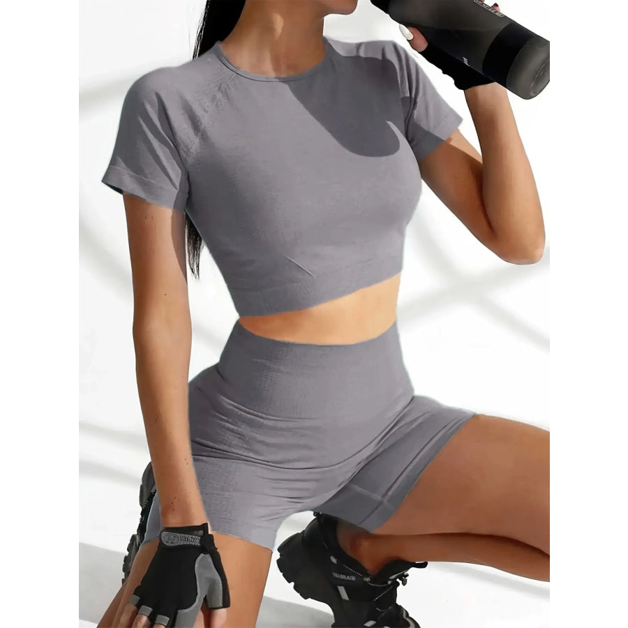 Round Neck Short Sleeve Top and Shorts Active Set Dark Gray / XS Apparel and Accessories