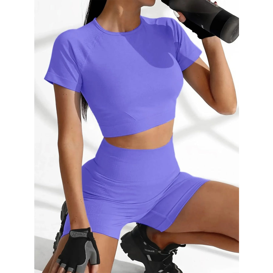 Round Neck Short Sleeve Top and Shorts Active Set Lavender / XS Apparel and Accessories