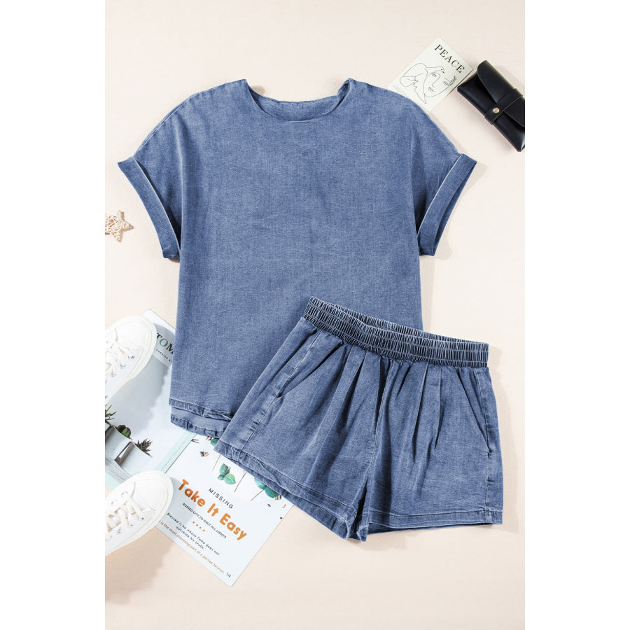 Round Neck Short Sleeve Top and Shorts Denim Set Medium / S Apparel and Accessories