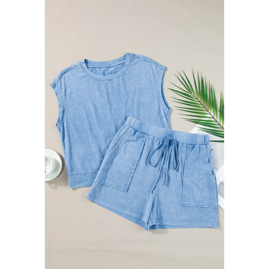 Round Neck Short Sleeve Top and Shorts Set Apparel and Accessories