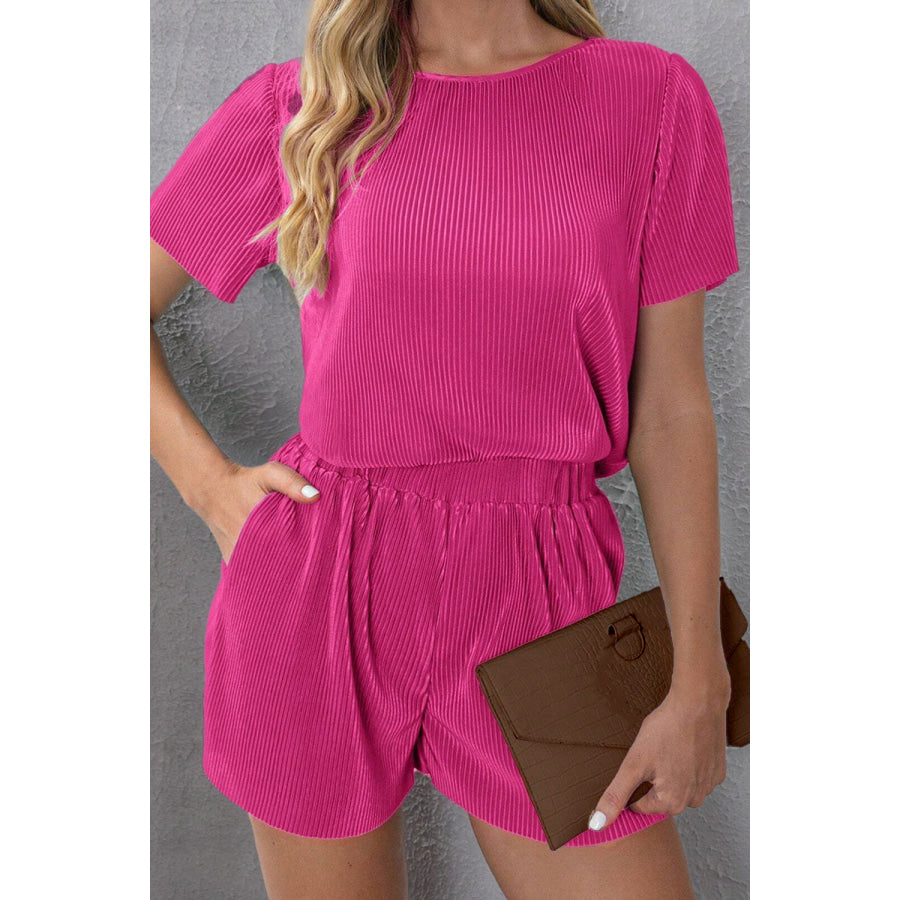 Round Neck Short Sleeve Top and Shorts Set Deep Rose / S Apparel Accessories