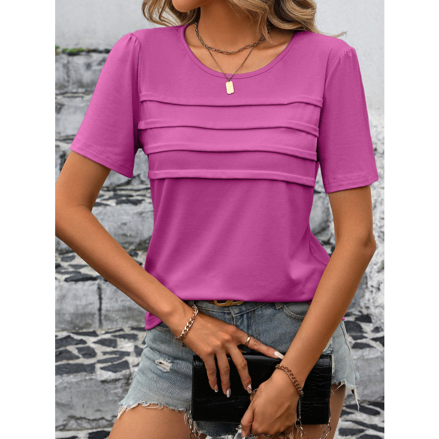 Round Neck Short Sleeve Top Fuchsia Pink / S Apparel and Accessories