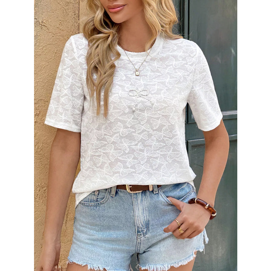 Round Neck Short Sleeve Top Gray/white / S Apparel and Accessories