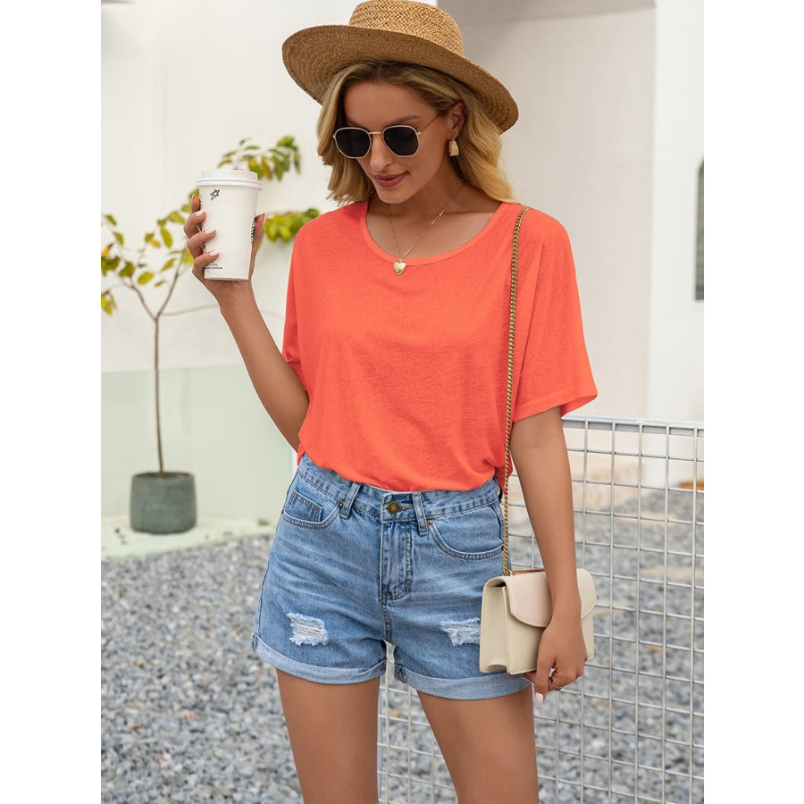 Round Neck Short Sleeve Top Red Orange / S