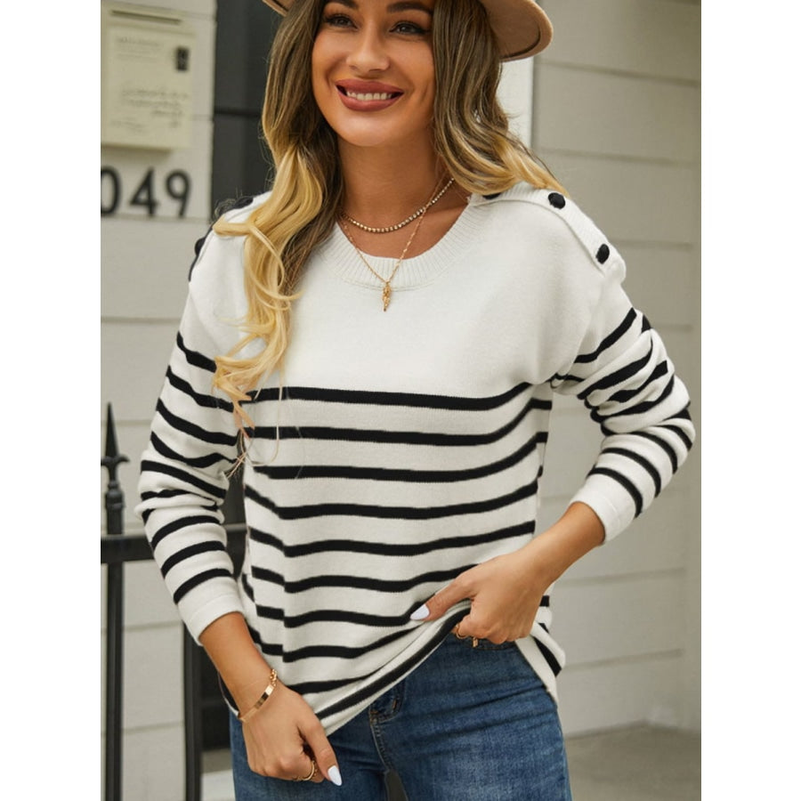 Round Neck Shoulder Button Striped Pullover Sweater Black / S