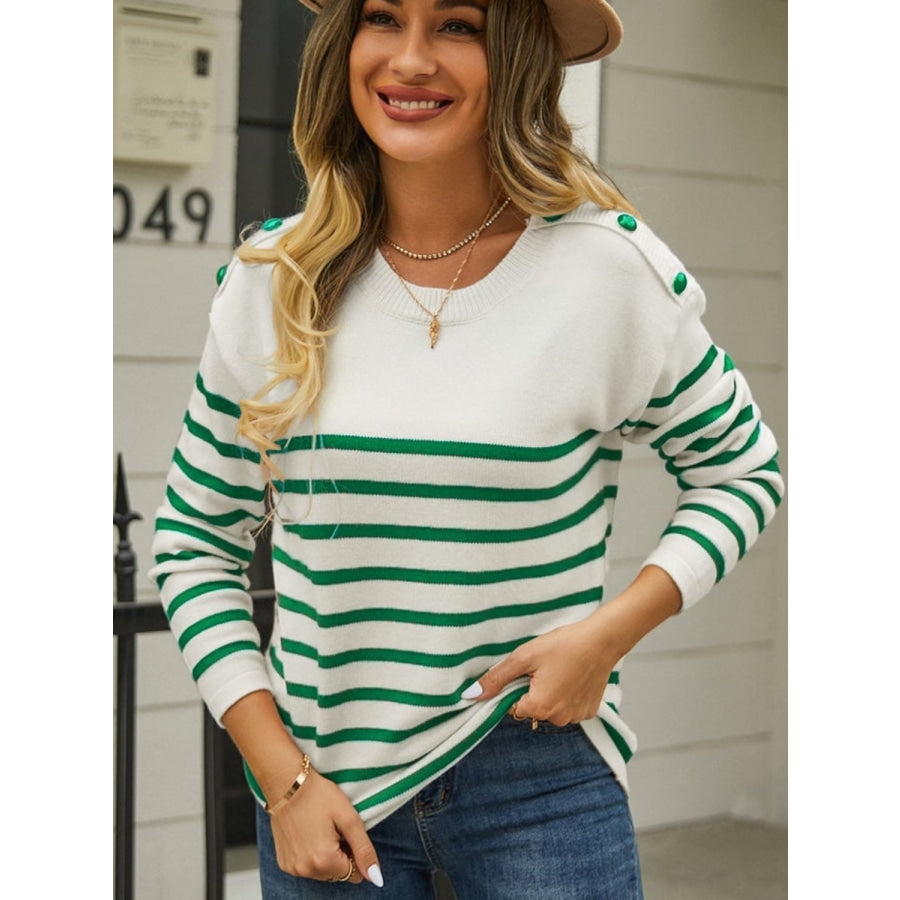 Round Neck Shoulder Button Striped Pullover Sweater Green / S