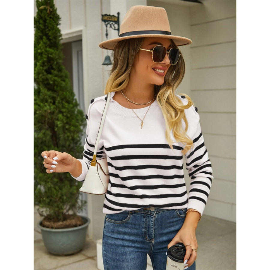 Round Neck Shoulder Button Striped Pullover Sweater