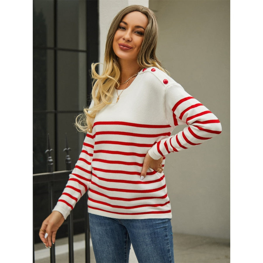 Round Neck Shoulder Button Striped Pullover Sweater