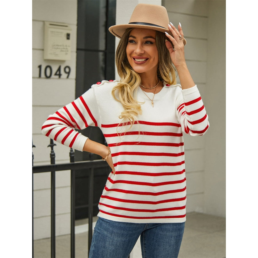 Round Neck Shoulder Button Striped Pullover Sweater