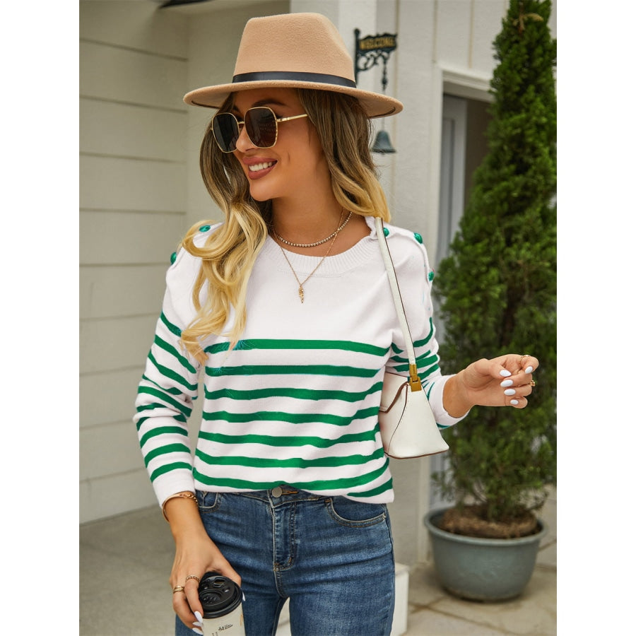 Round Neck Shoulder Button Striped Pullover Sweater