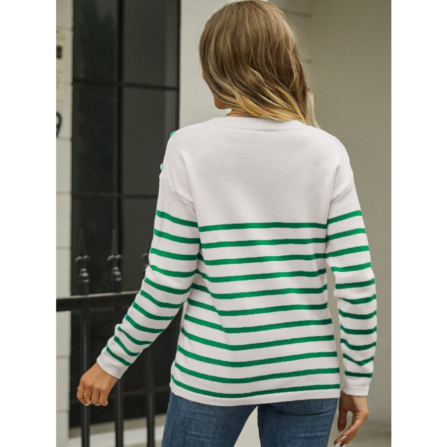 Round Neck Shoulder Button Striped Pullover Sweater