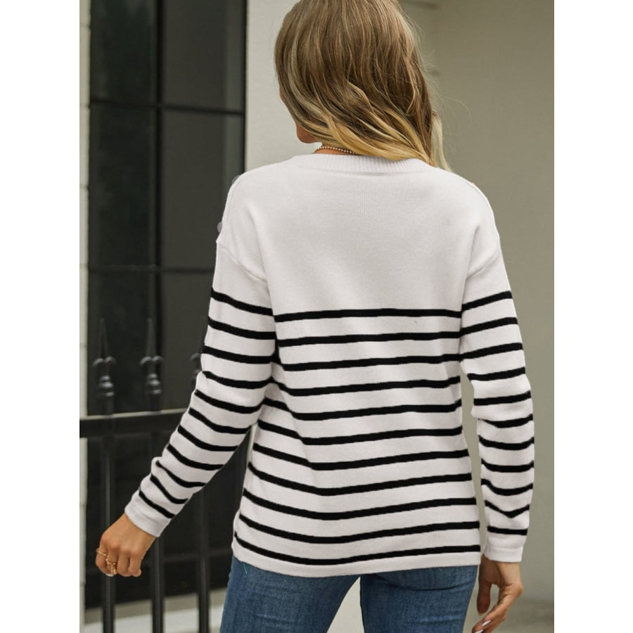 Round Neck Shoulder Button Striped Pullover Sweater Black / S