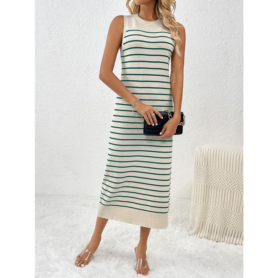 Round Neck Sleeve Midi Knit Dress Mid Green / S Apparel and Accessories