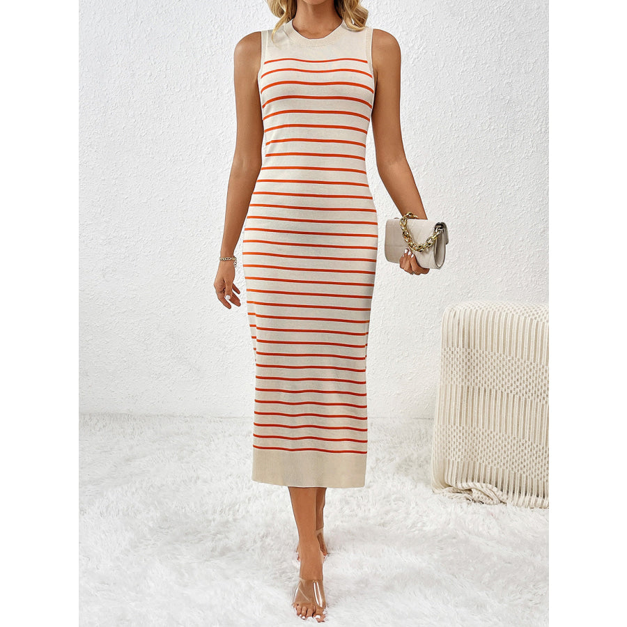 Round Neck Sleeve Midi Knit Dress Orange / S Apparel and Accessories