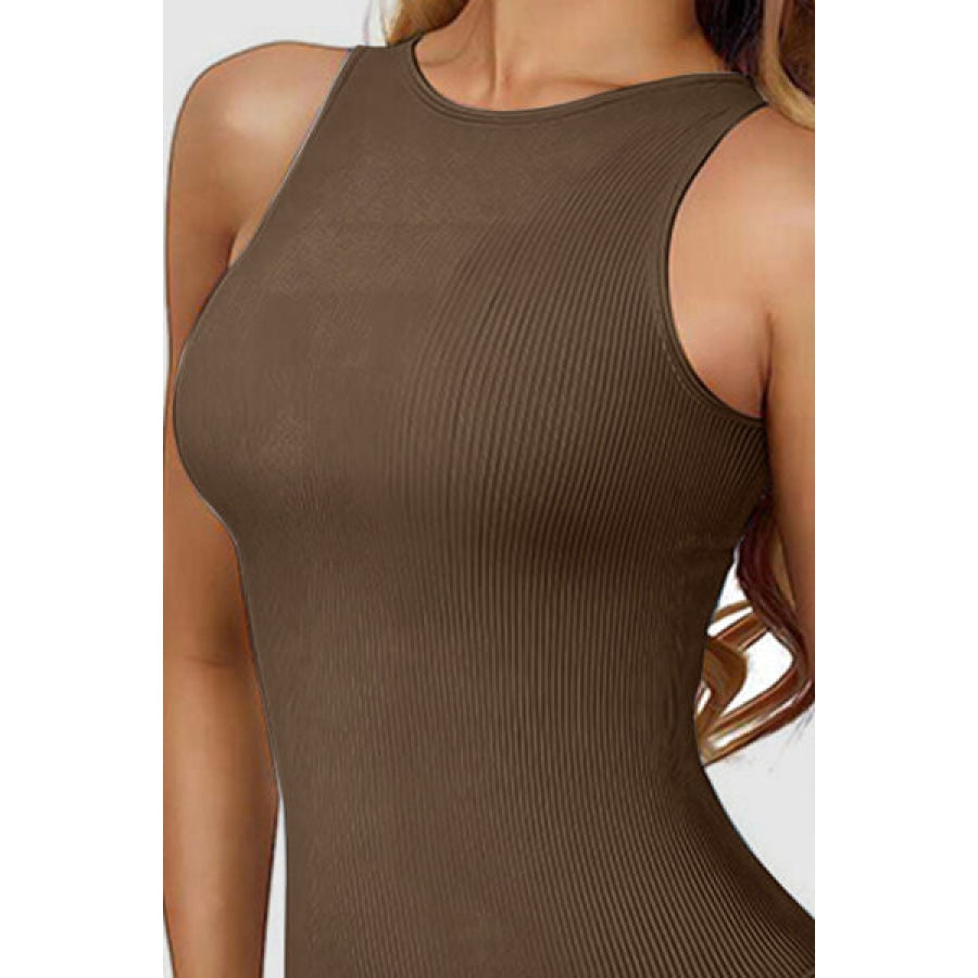Round Neck Sleeveless Active Bodysuit Olive Brown / S Apparel and Accessories