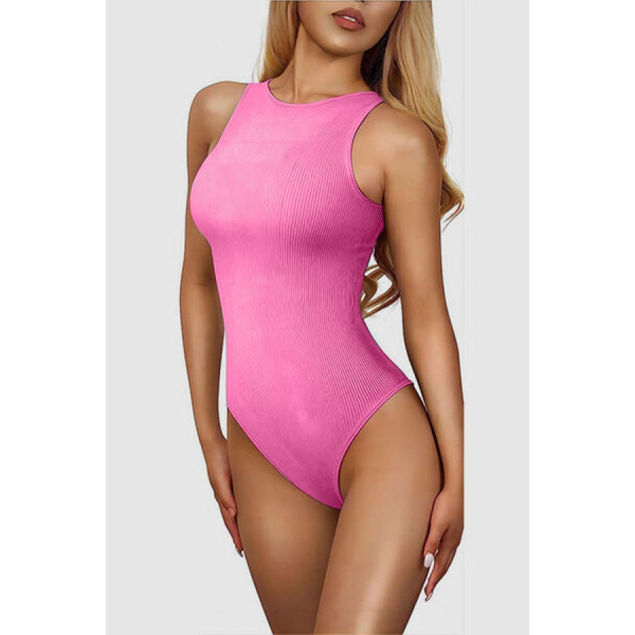 Round Neck Sleeveless Active Bodysuit Hot Pink / S Apparel and Accessories