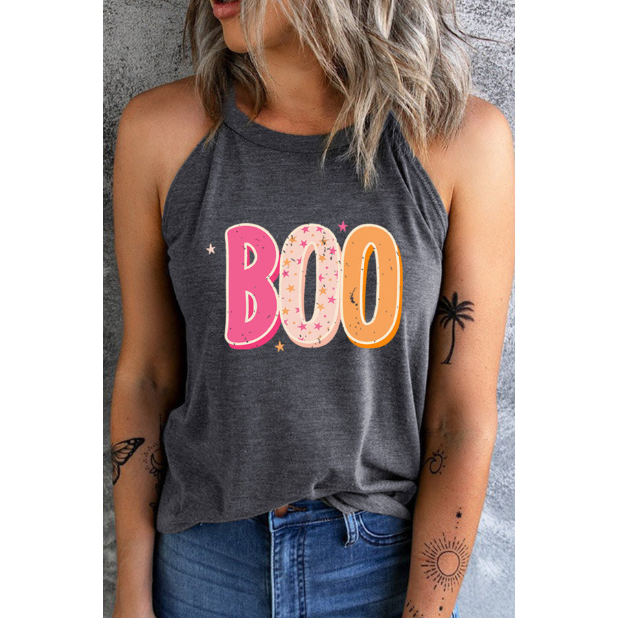 Round Neck Sleeveless BOO Graphic Tank Top Charcoal / S