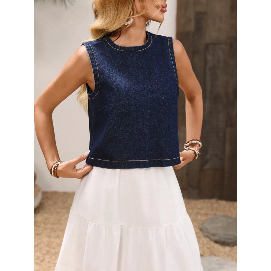 Round Neck Sleeveless Denim Top Apparel and Accessories