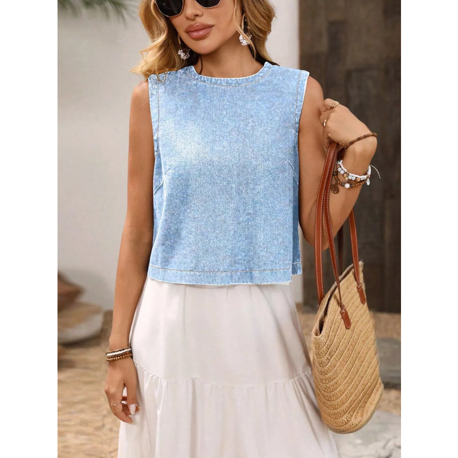 Round Neck Sleeveless Denim Top Apparel and Accessories