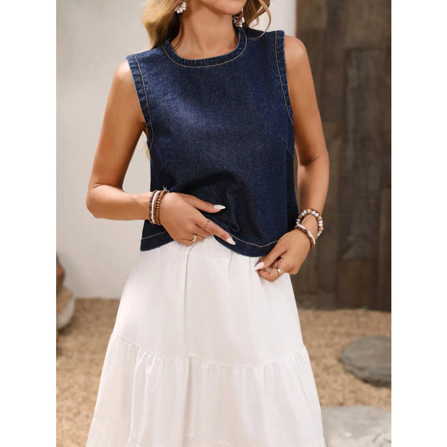 Round Neck Sleeveless Denim Top Apparel and Accessories