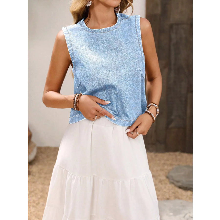 Round Neck Sleeveless Denim Top Apparel and Accessories