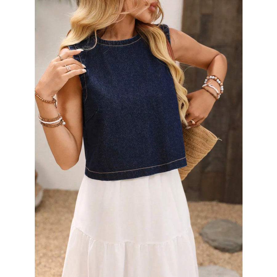Round Neck Sleeveless Denim Top Apparel and Accessories