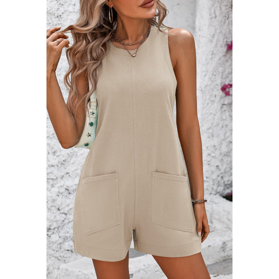 Round Neck Sleeveless Front Pocket Romper Apparel and Accessories