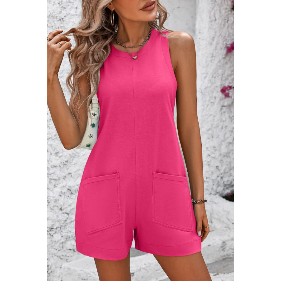 Round Neck Sleeveless Front Pocket Romper Apparel and Accessories