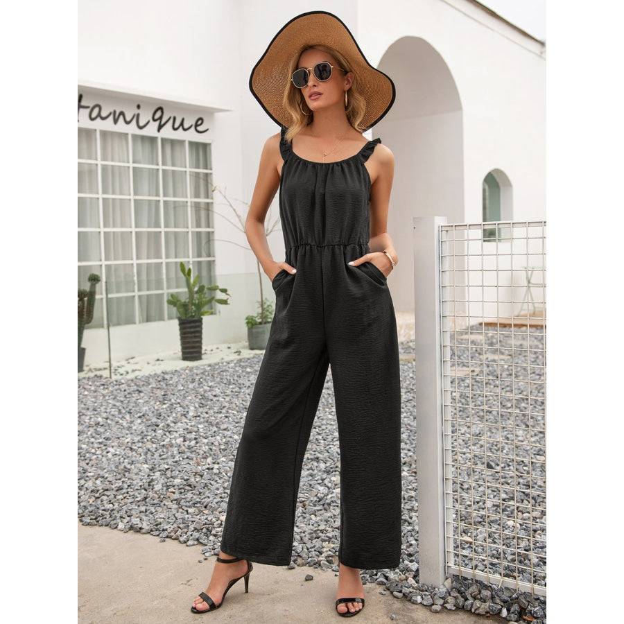 Round Neck Sleeveless Jumpsuit with Pockets Black / S