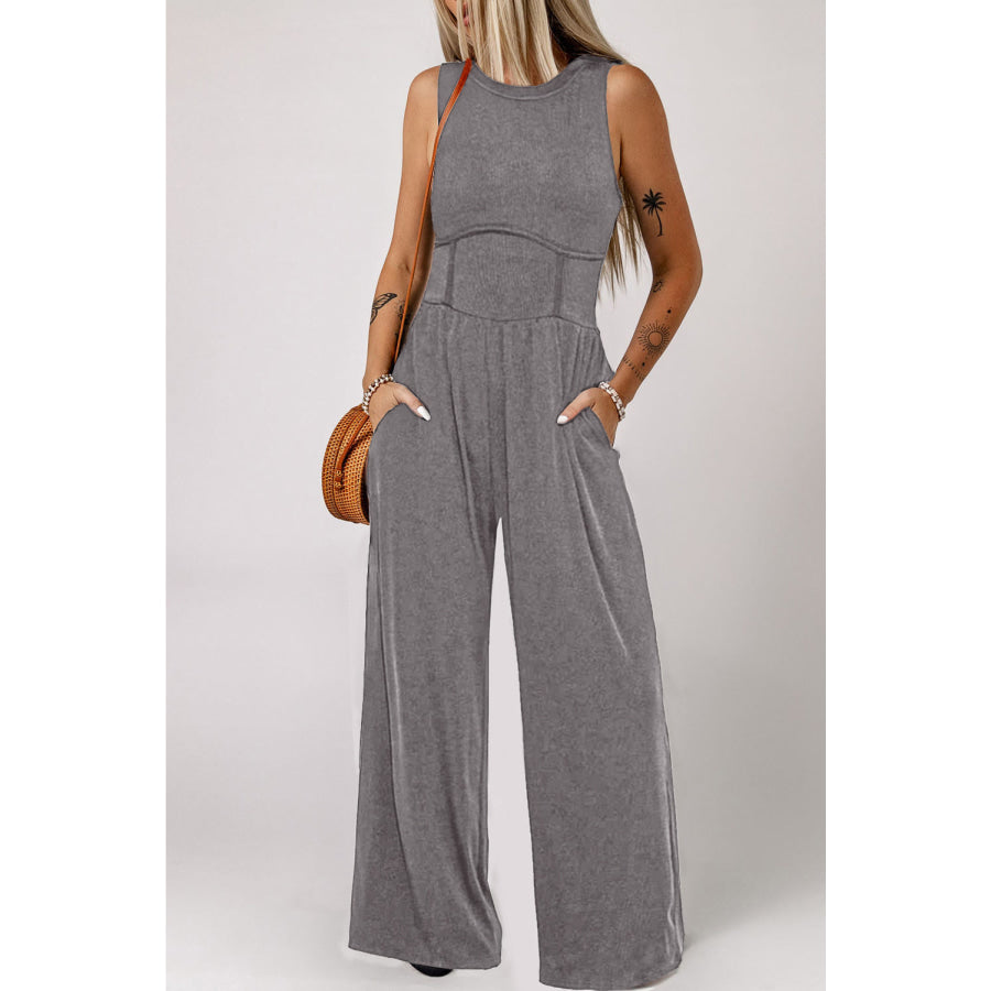 Round Neck Sleeveless Jumpsuit with Pockets Charcoal / S Apparel and Accessories