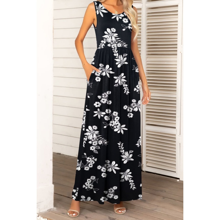 Round Neck Sleeveless Maxi Dress with Pockets Black / S